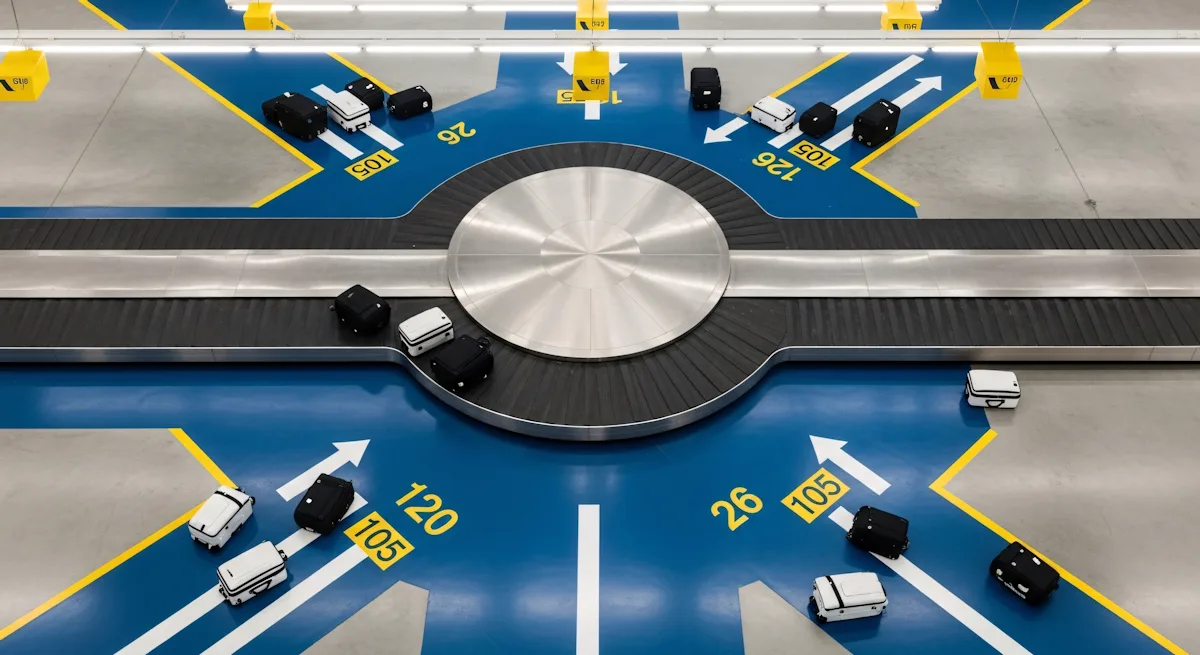 Top-down view of an automated airport baggage carousel system sorting black and white suitcases along blue marked lanes