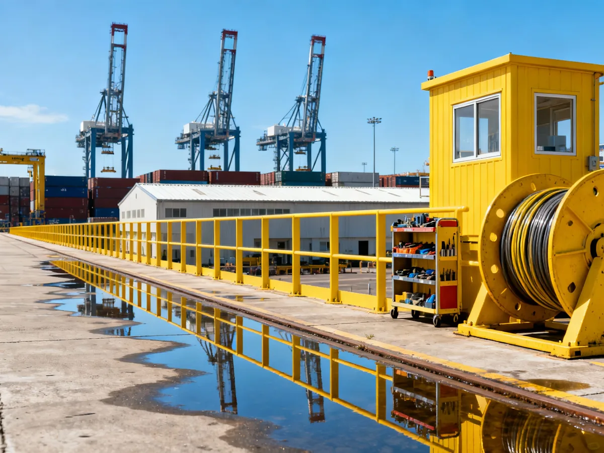 A yellow control booth with a large cable reel on a wet dock, reflecting in water puddles with port cranes in the background