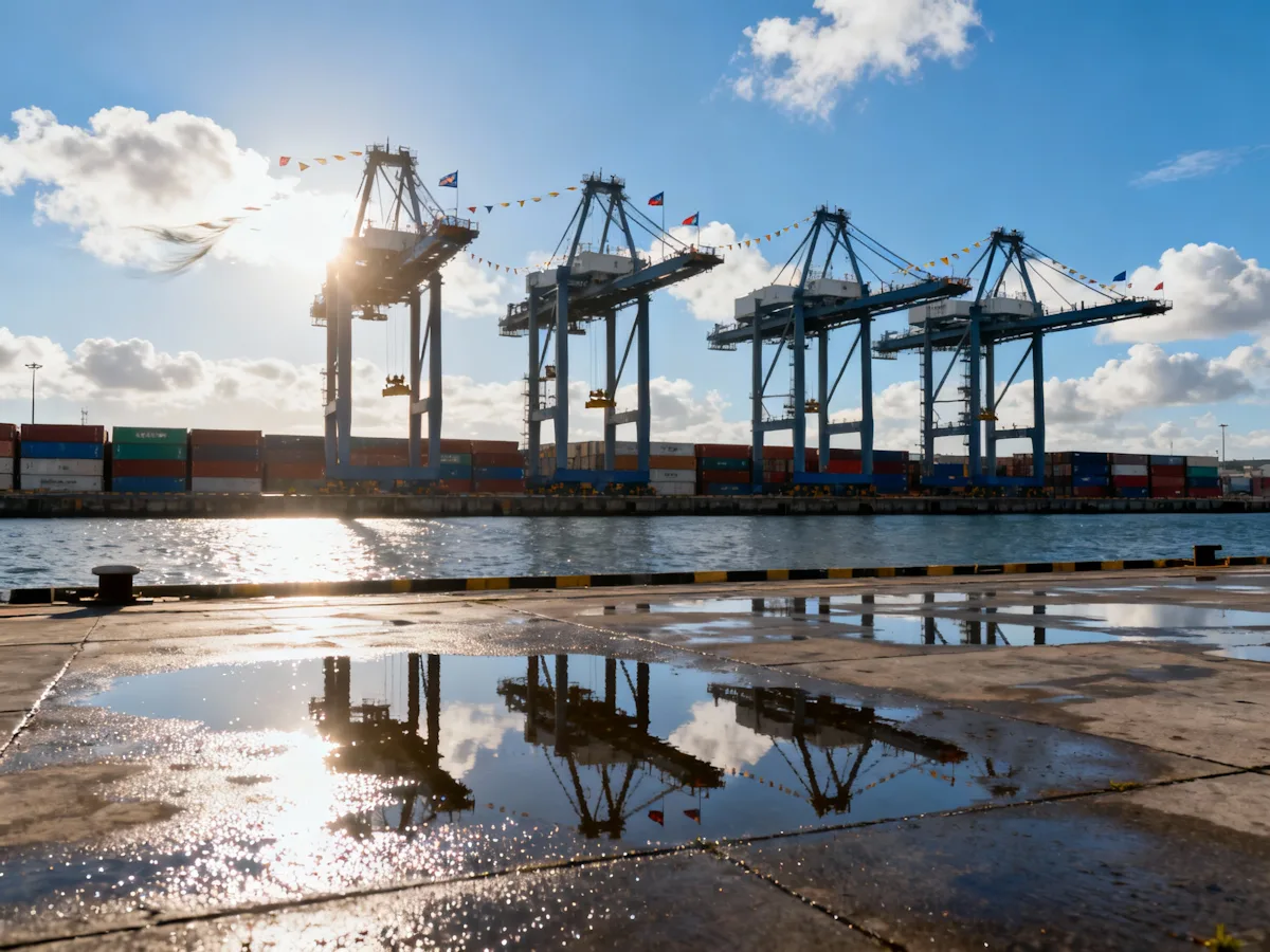 A row of tall blue shipping cranes lined up at a port terminal, reflected in a large water puddle under a sunny sky