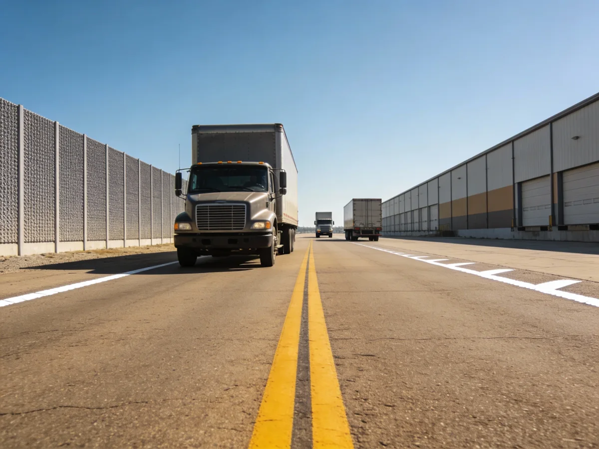 Low-angle view of semi-trucks driving on a road passing by large warehouse loading bays under a clear blue sky