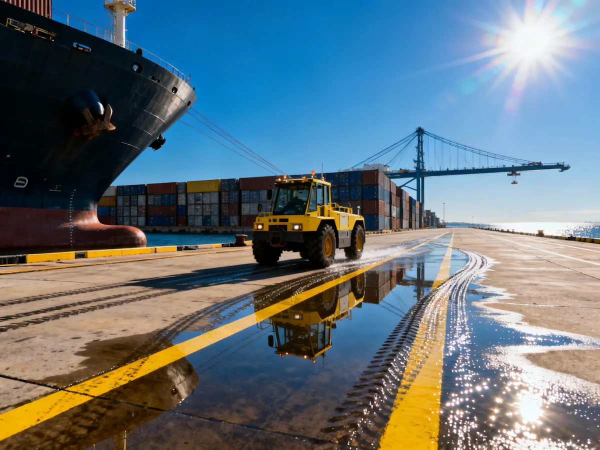 A yellow port tractor driving along a wet dock next to a large cargo ship with shipping containers stacked in the background