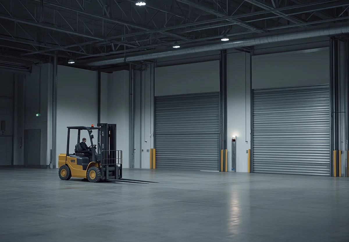 A yellow forklift parked inside a spacious, empty industrial warehouse in front of large closed shutter doors