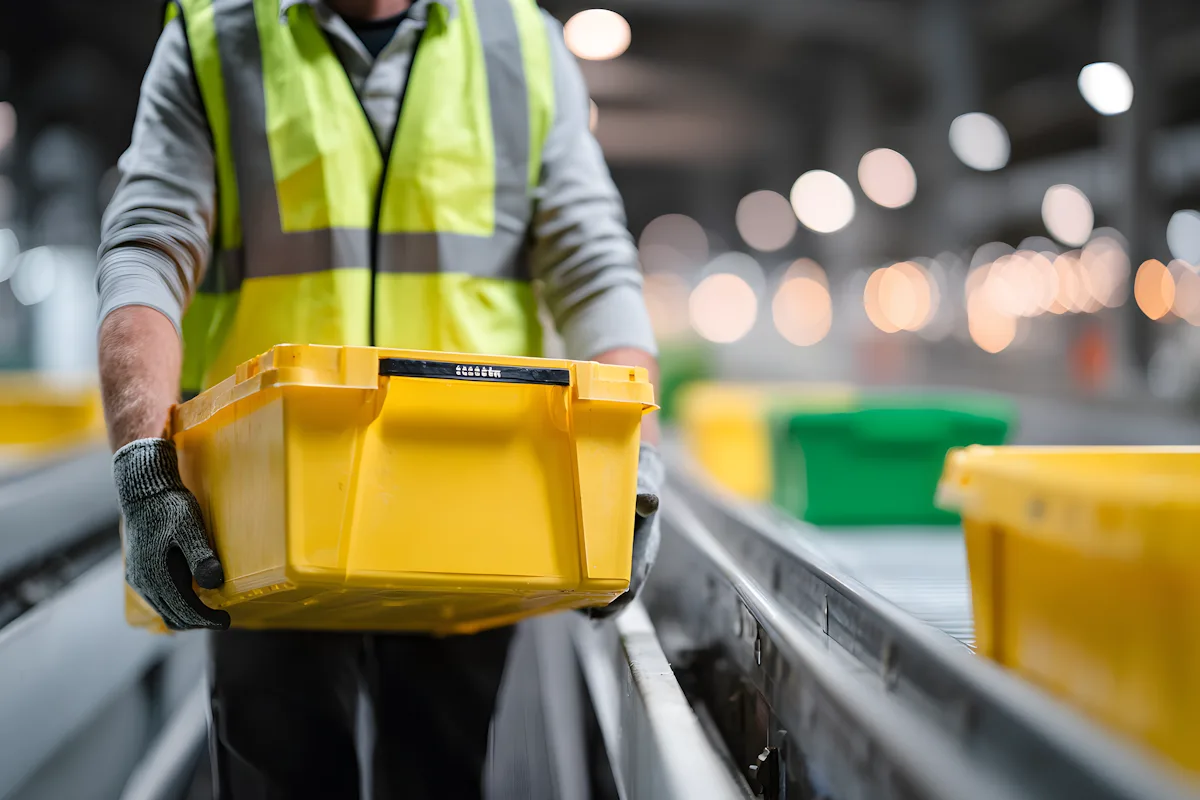Close-up of a warehouse worker in a high-visibility vest and gloves lifting a yellow plastic storage crate off a conveyor belt