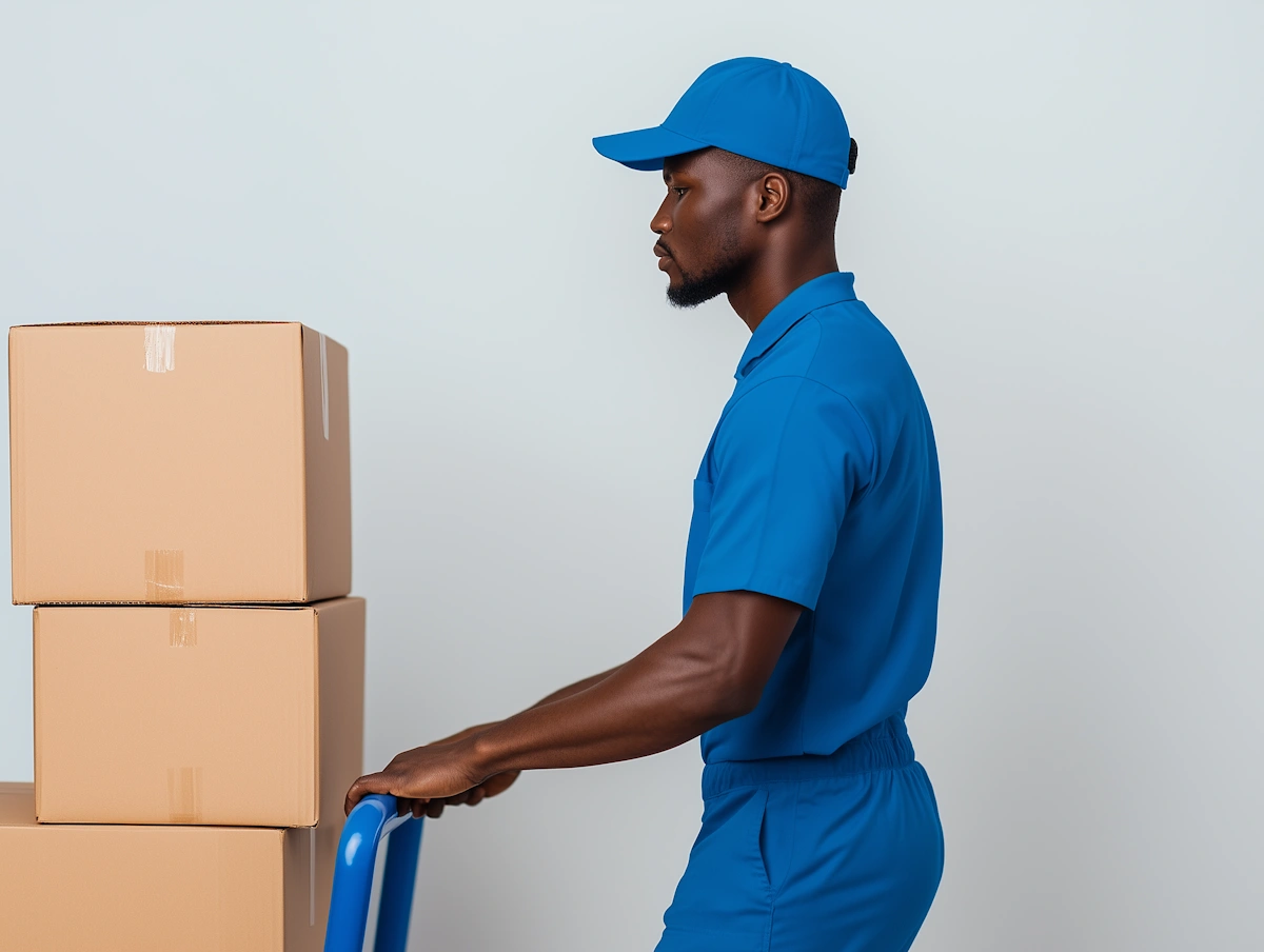 Profile view of a delivery man in a blue uniform and cap pushing a hand truck stacked with cardboard boxes