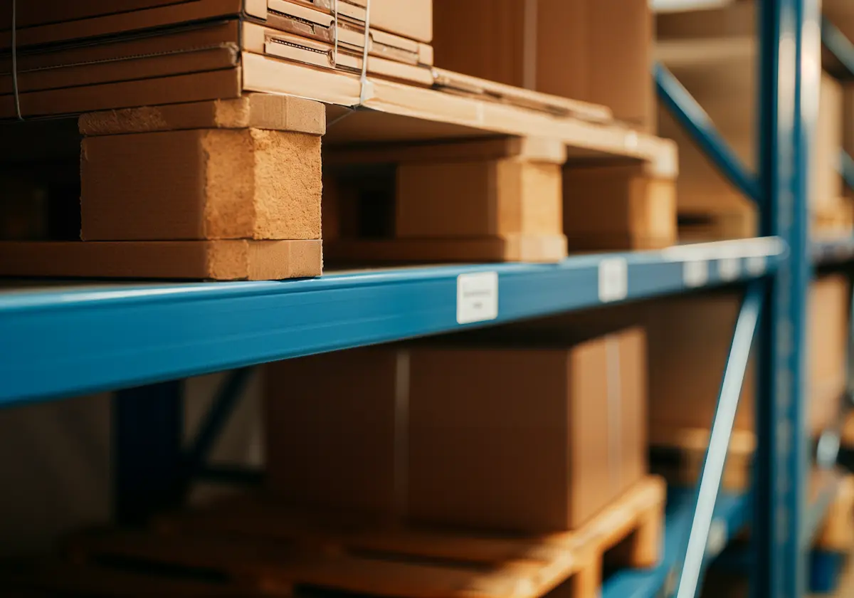 Close-up shot of a wooden pallet holding stacked cardboard boxes on a blue industrial warehouse shelf