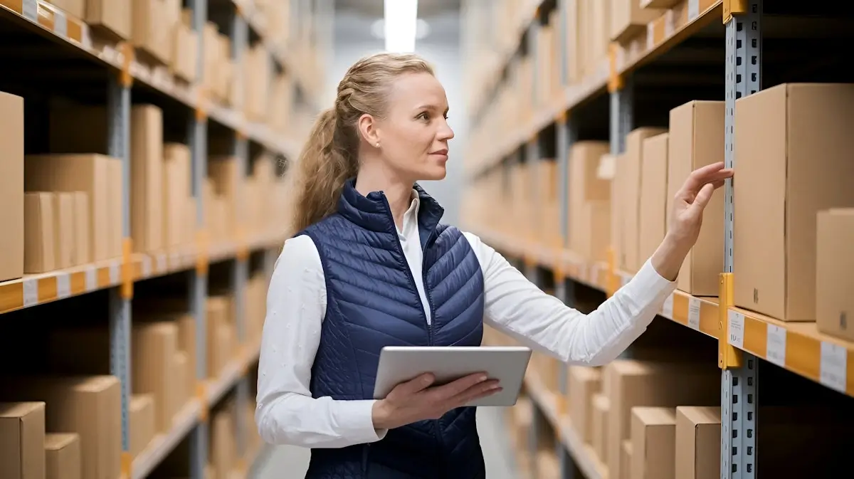 A female logistics manager holding a digital tablet while checking inventory on cardboard box shelves in a warehouse