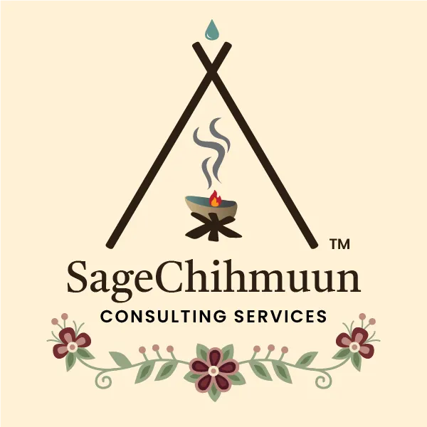 Logo with a stylized teepee, fire bowl with smoke, water droplet, and floral decoration for SageChihmuun Consulting Services.