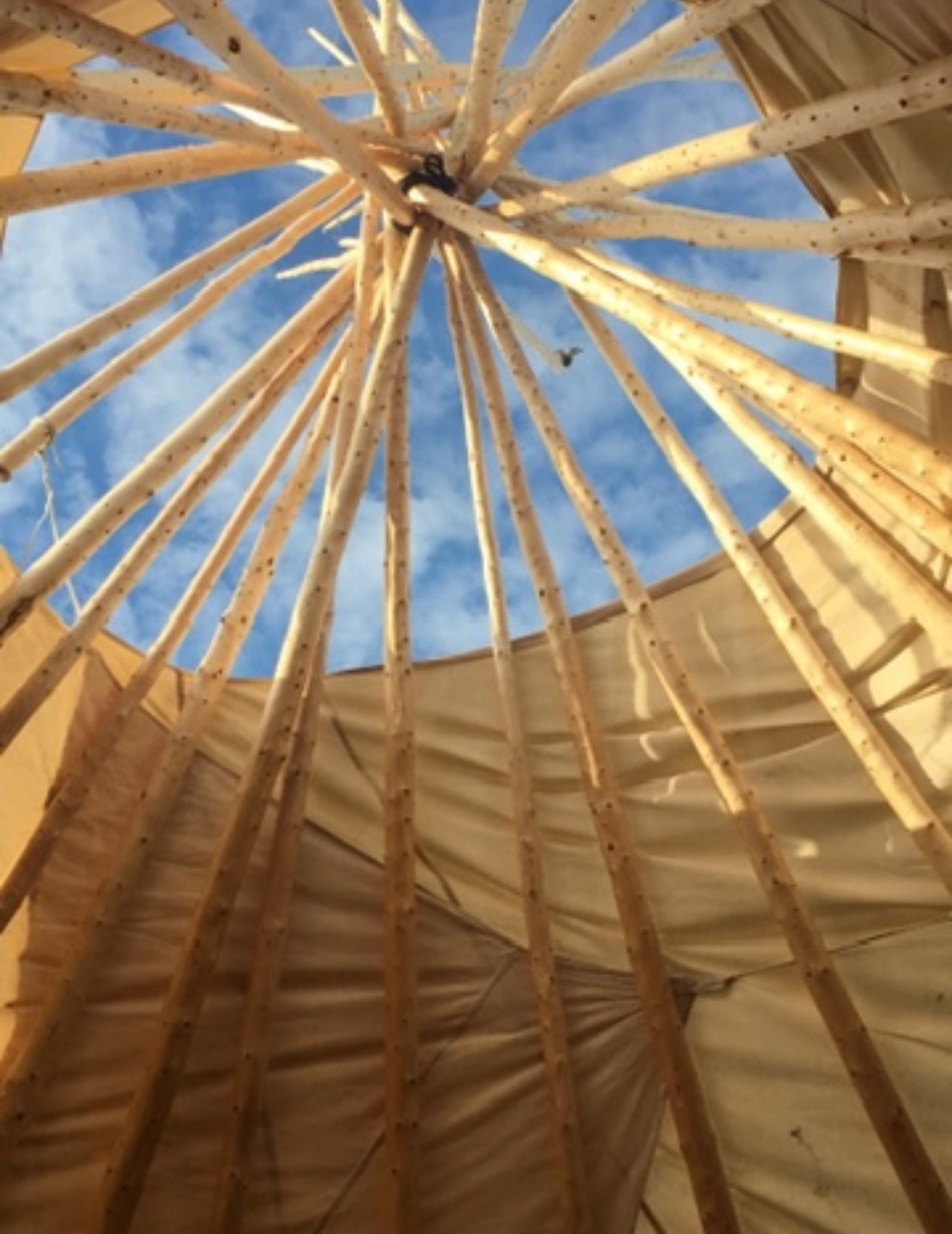 Inside view of a teepee showing wooden poles converging at the top with sky visible above.