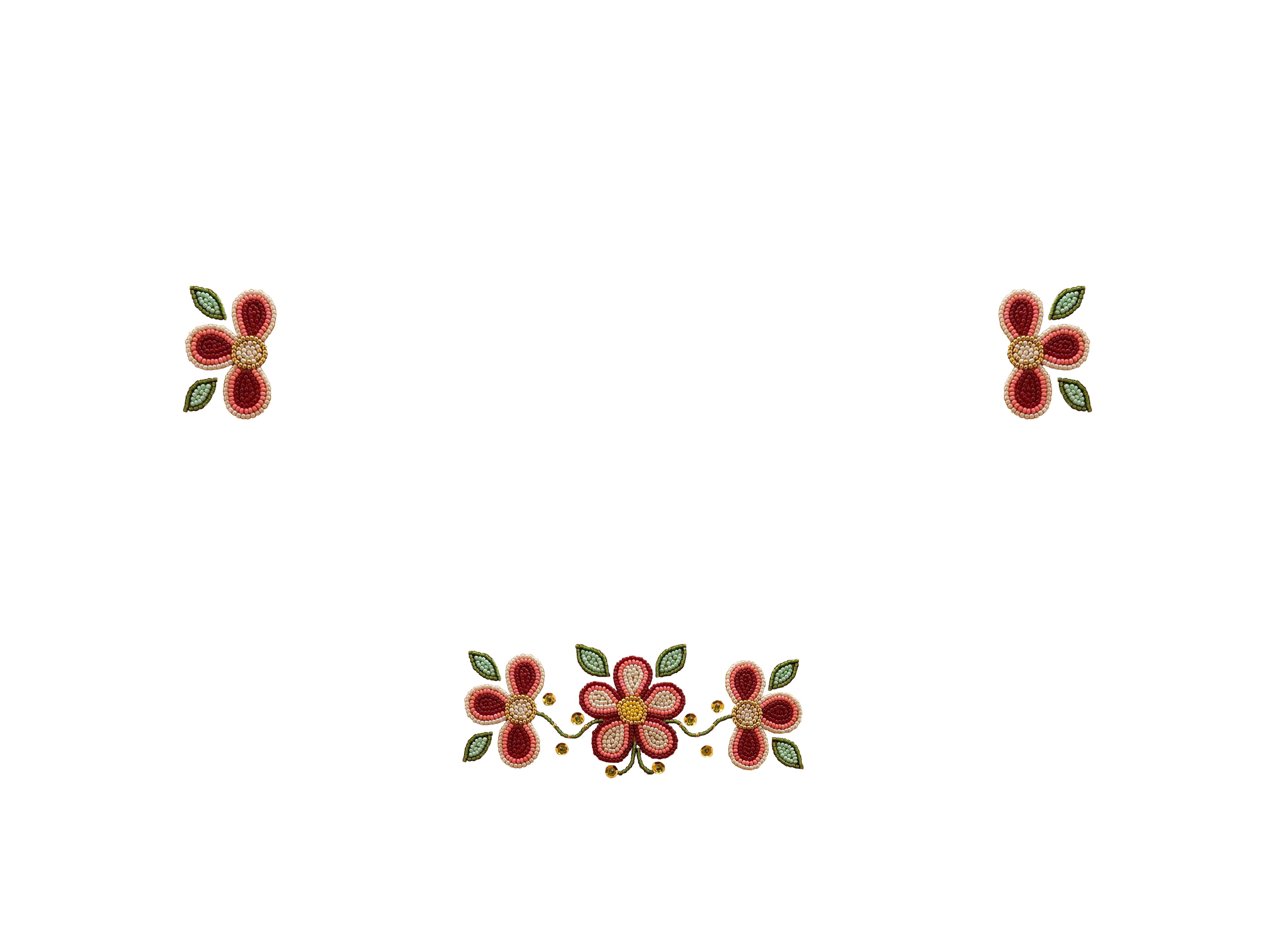 Embroidered red flowers with green leaves arranged on black fabric in a pattern.