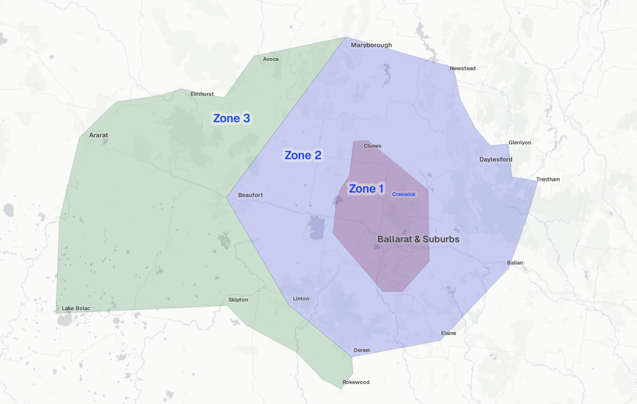 Map showing areas servives for contract inspections. Ballarat & surrounds divided into three colored zones with labeled nearby towns.