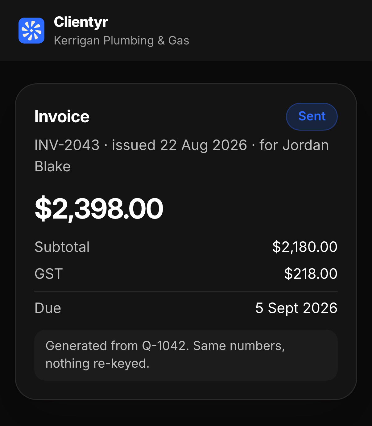 An invoice on a phone, generated from the quote with the same numbers, subtotal, GST and due date, marked Sent