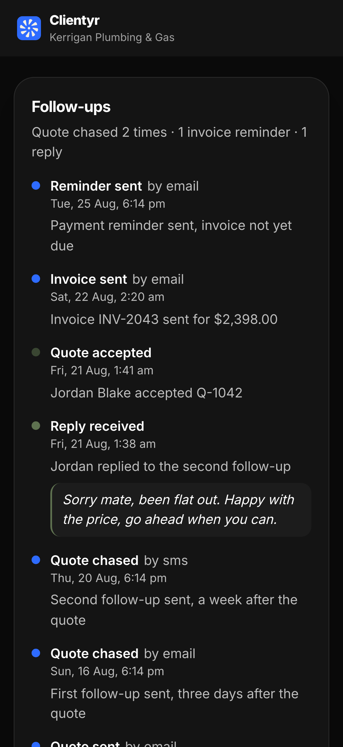 The follow-up trail on a phone: quote chased twice, invoice reminder sent, timestamps, and one reply from the customer