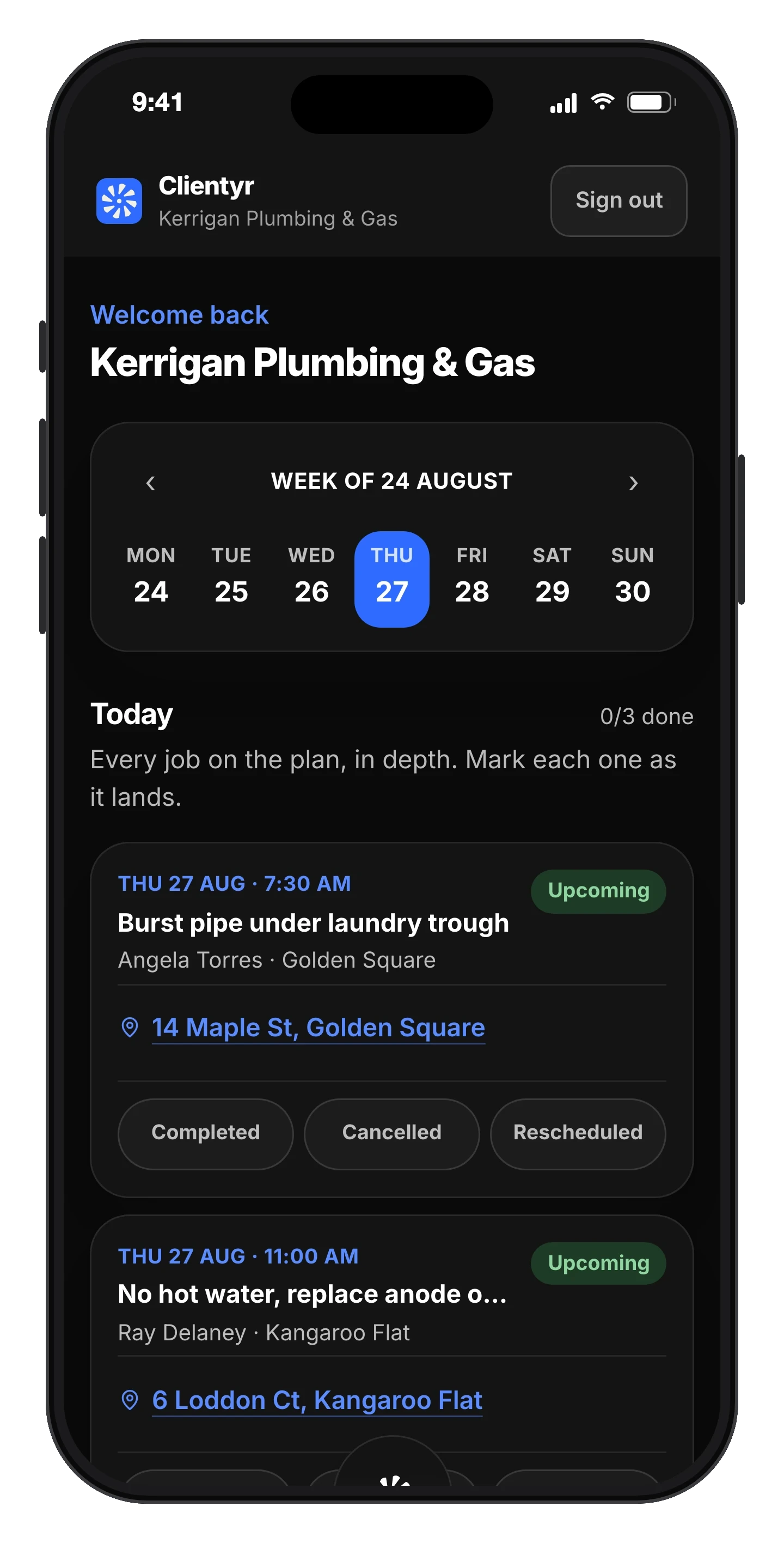 The Clientyr Tailor-made System home screen on a phone, showing today's jobs for a plumbing business