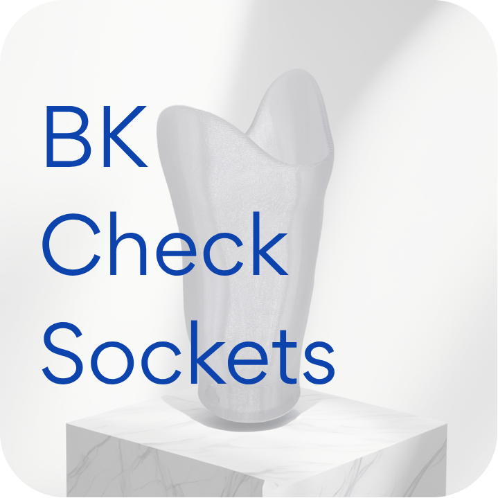 Translucent prosthetic socket displayed on a white marble pedestal with text BK Check Sockets