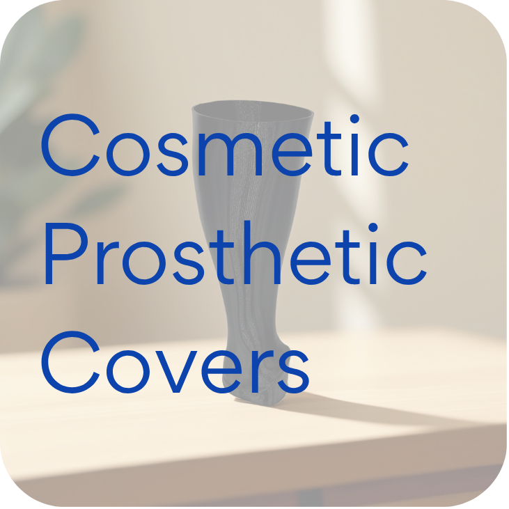 Gray cosmetic prosthetic cover standing on a wooden surface with blurred background.