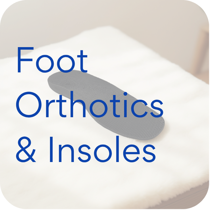 Black foot orthotic insole on a white cushioned surface with text Foot Orthotics & Insoles.