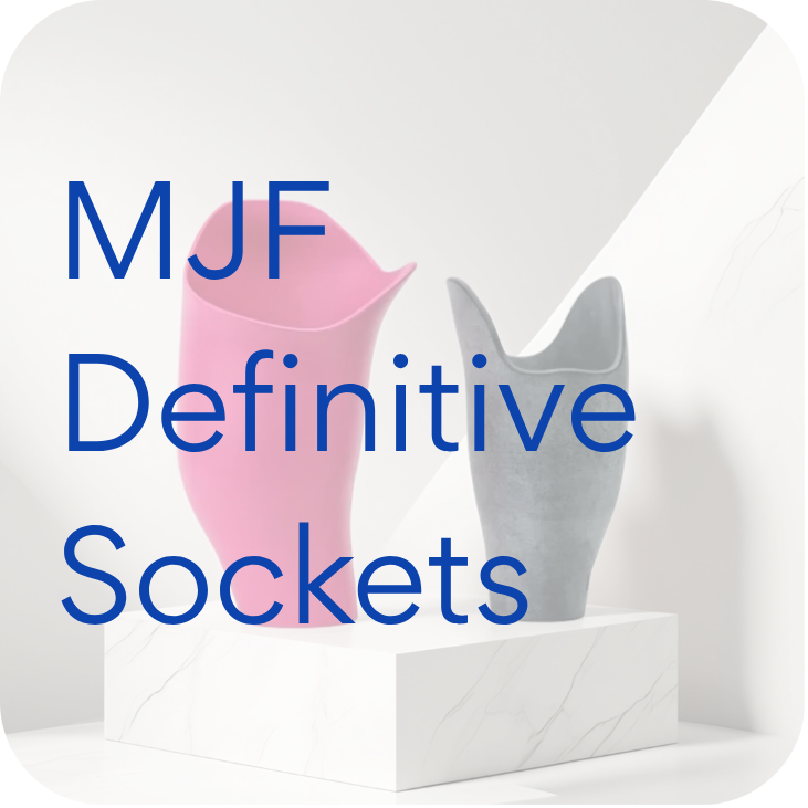 Pink and gray prosthetic limb sockets on a white marble platform with text MJF Definitive Sockets.