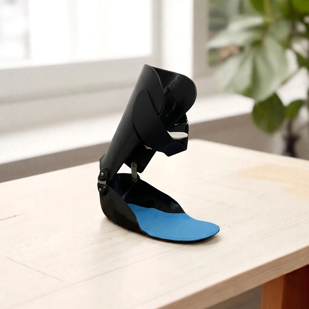 Black and blue ankle-foot orthosis (AFO) brace on a white wooden table with blurred background.