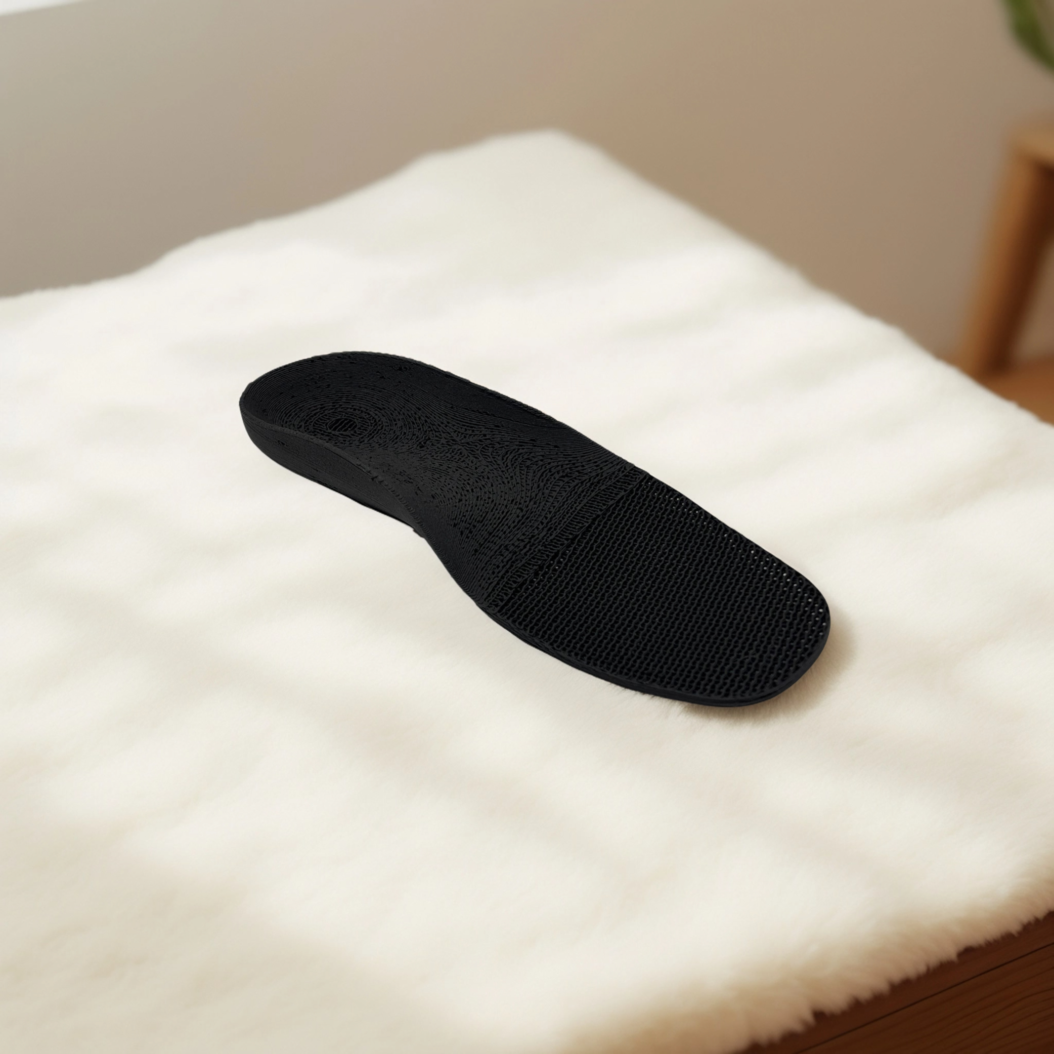 An accomodative foot orthotic on white padded chair