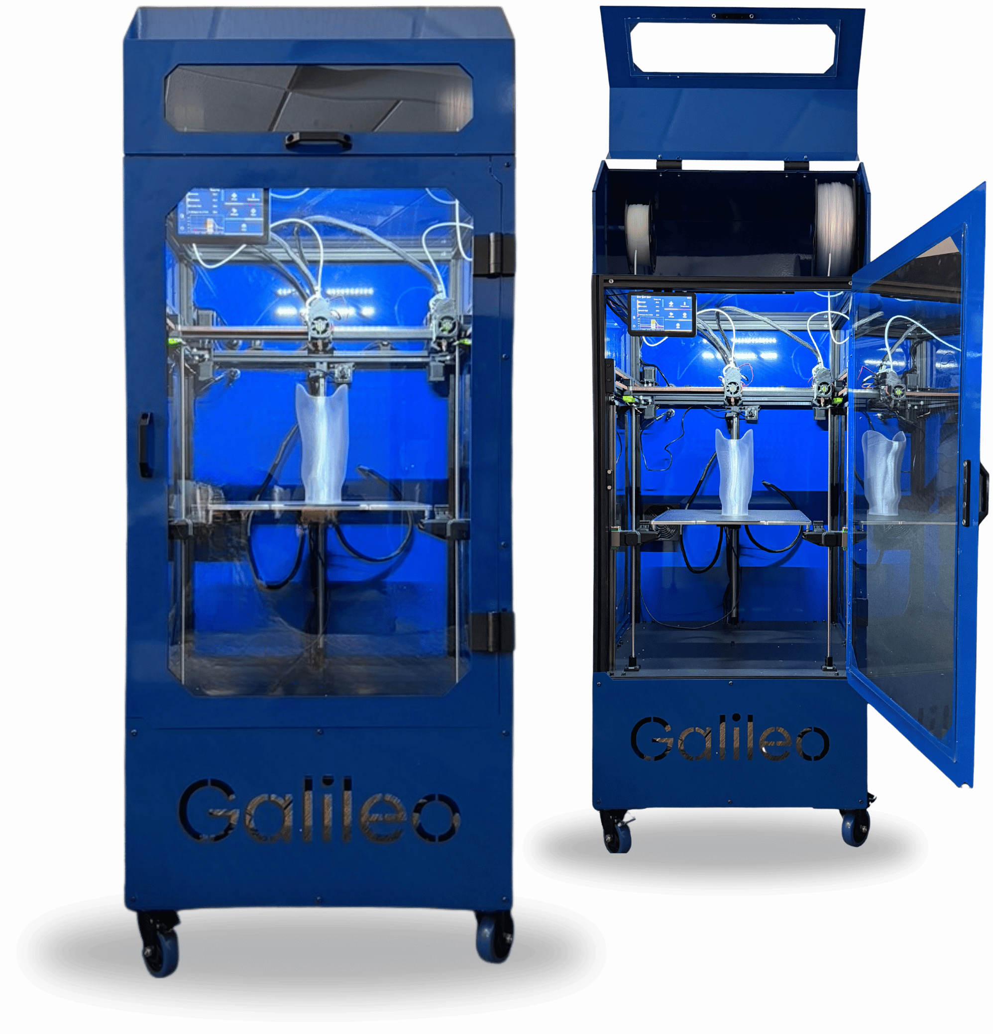 Two blue Galileo 3D printer kiosks, one closed and one with door and top open showing printing inside.