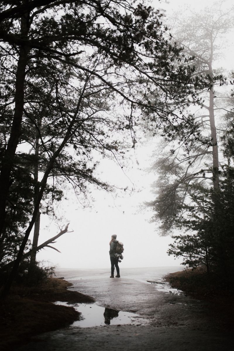 A person standing on an open pathway looking ahead toward the horizon