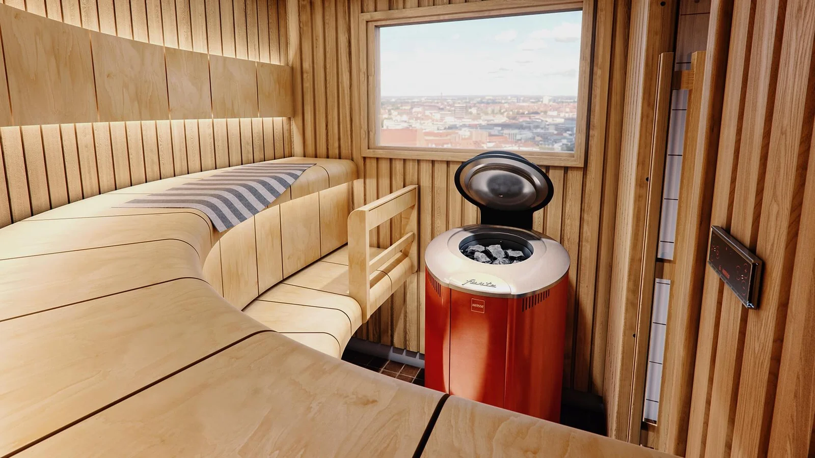 Sauna with curved benches, a sea-view window and a red cylindrical sauna heater