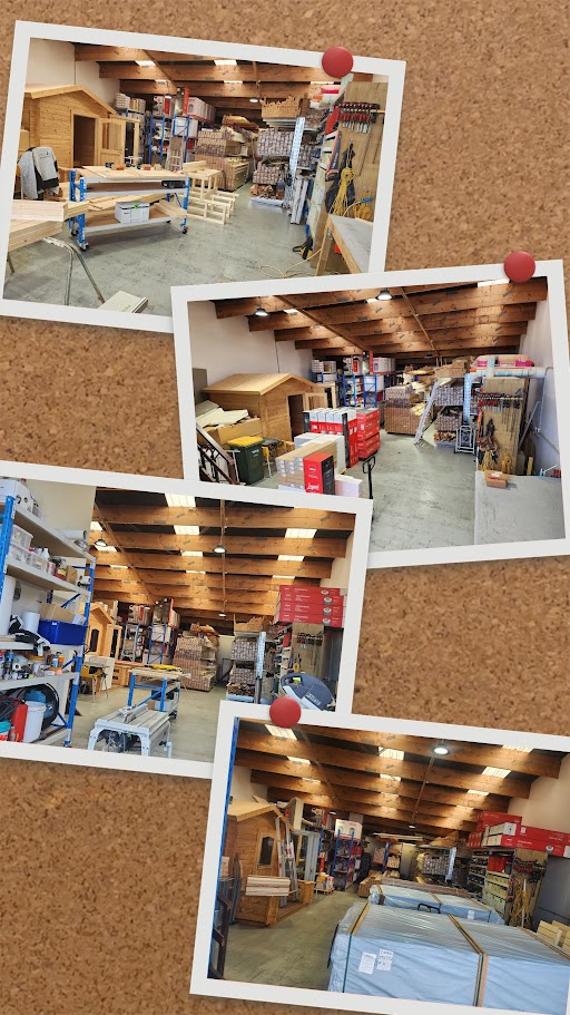 Collage of the FinnSauna workshop with sauna cabins, timber stock and heaters
