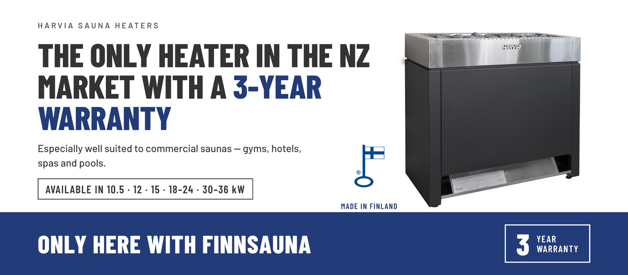 Harvia commercial sauna heater with 3-year warranty, available in New Zealand only from FinnSauna
