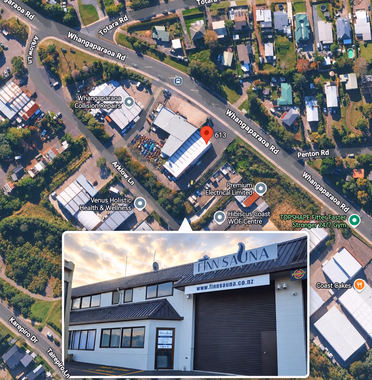 Aerial map of FinnSauna's location on Whangaparaoa Road with a photo of the storefront