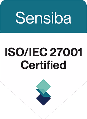Sensiba ISO/IEC 27001 Certified badge with a diamond-shaped logo below the text.