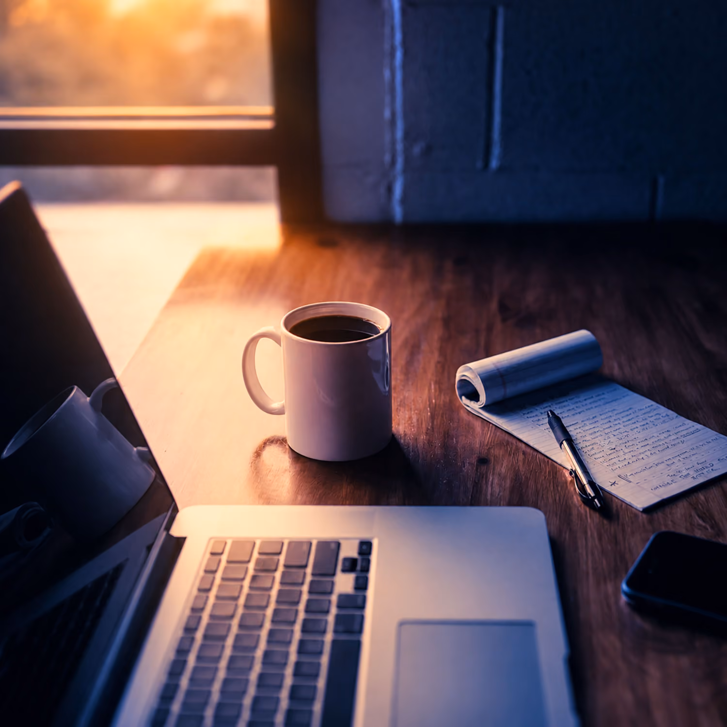 Laptop, coffee mug, notepad with pen, and smartphone on a wooden desk lit by warm sunlight.