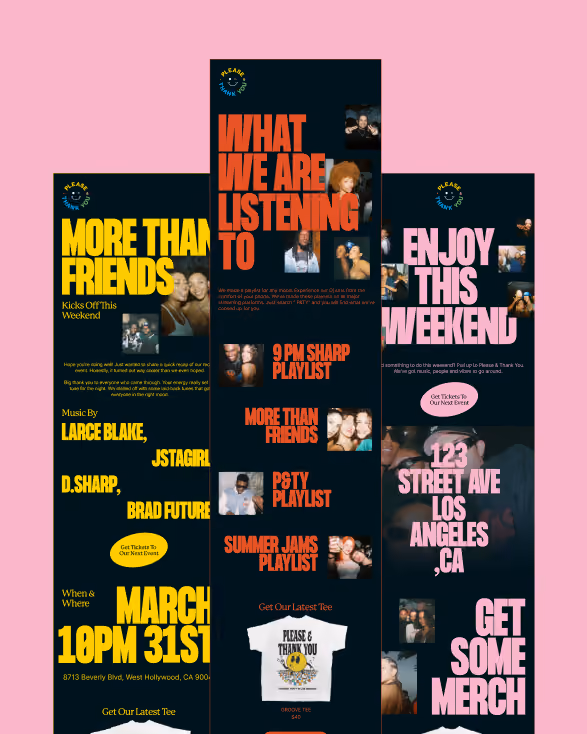 Event poster with details on 'More Than Friends' weekend, playlists, location, and merchandise info in bright text.
