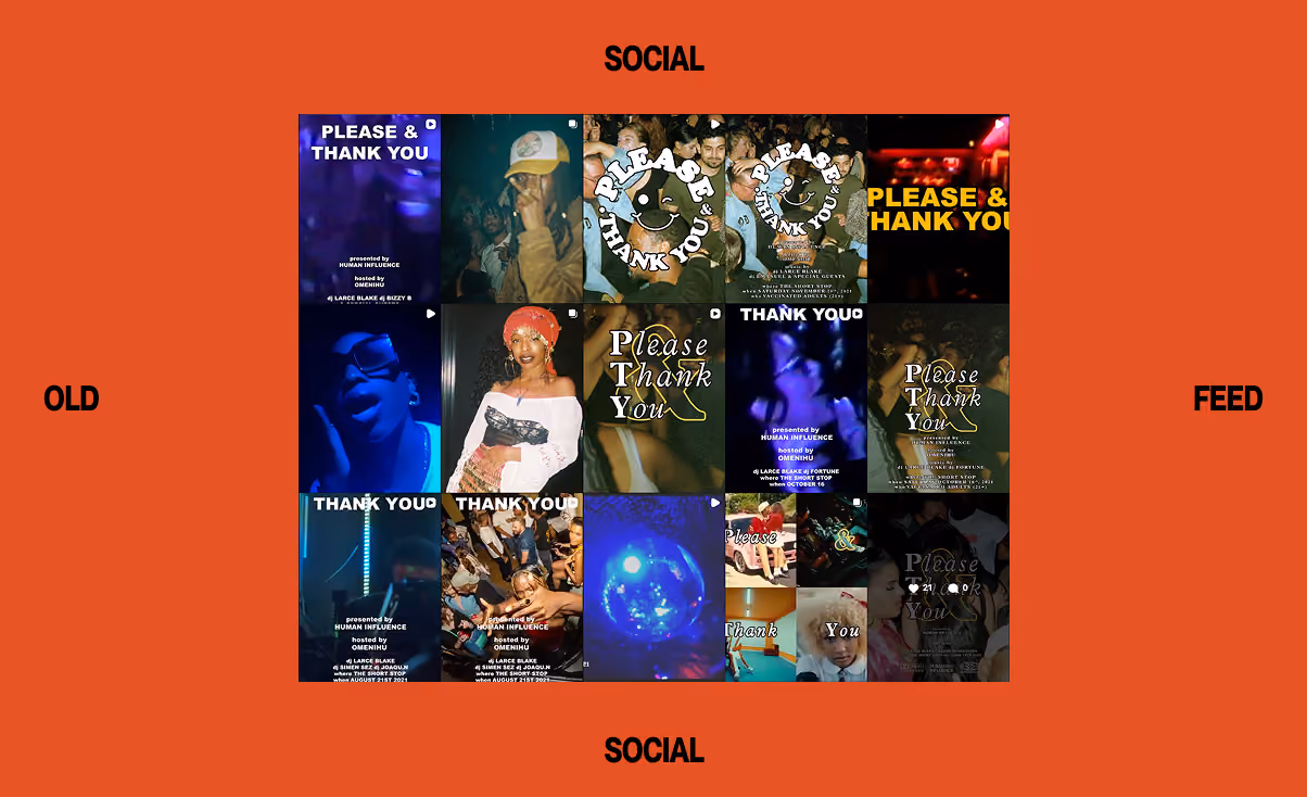 Grid of 15 social media posts on red background with words 'OLD SOCIAL' and 'SOCIAL FEED'.