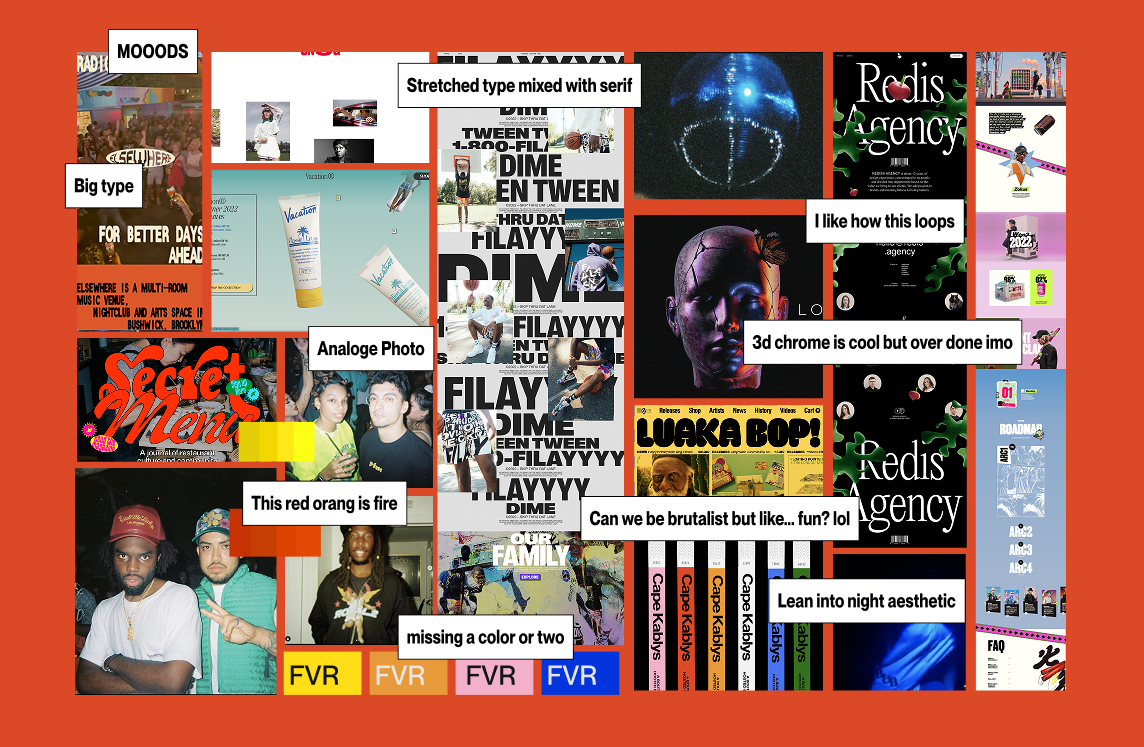 Moodboard collage of photos, text samples, graphics, and color palettes on a red background.