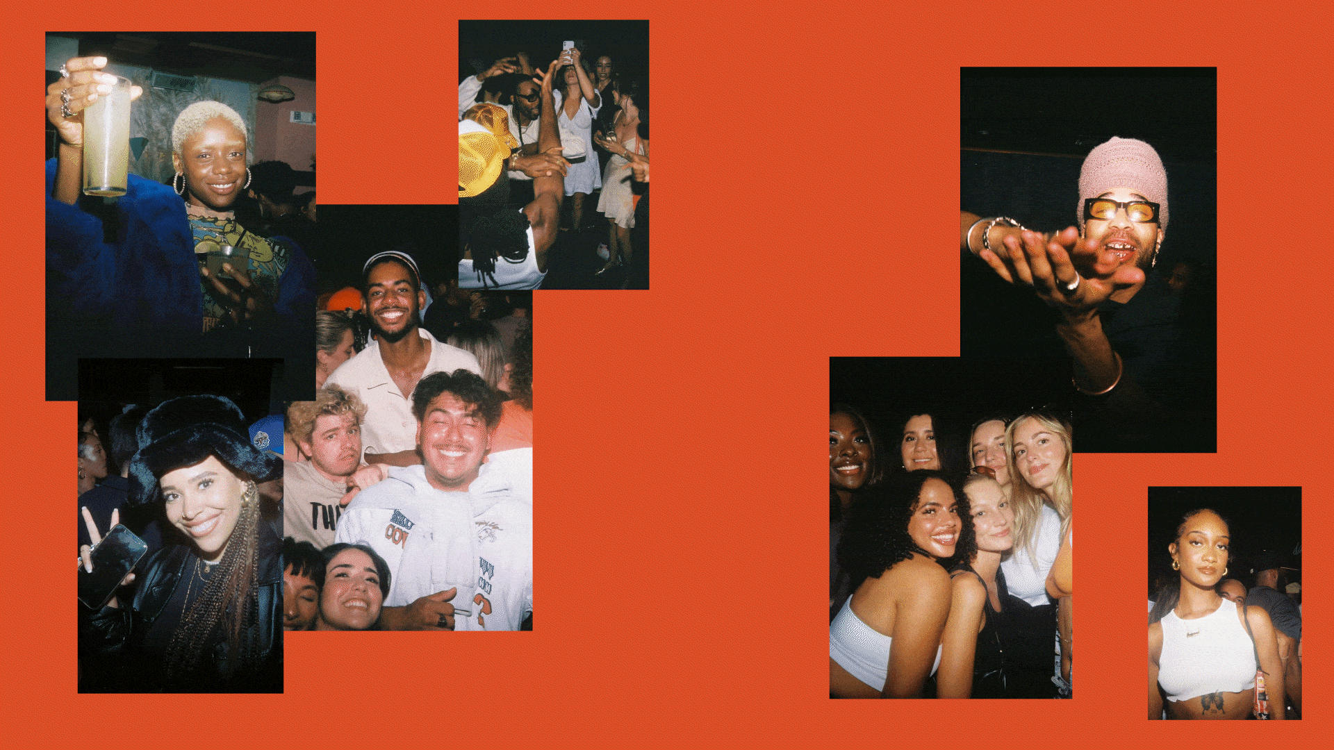 Collage of diverse people enjoying a night out, smiling, dancing, and posing against an orange background.
