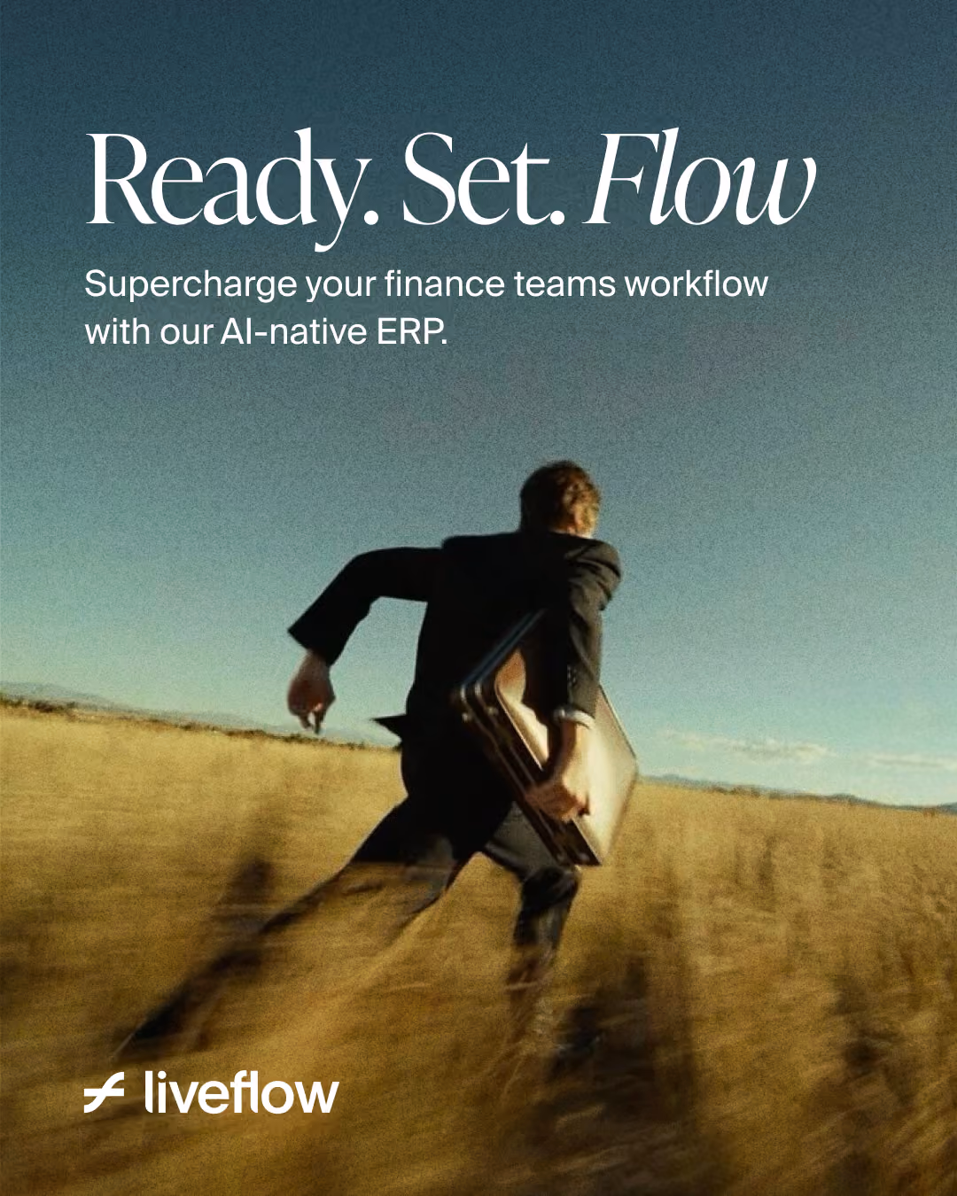 Man in suit running through field holding a briefcase under the text about supercharging finance workflow.