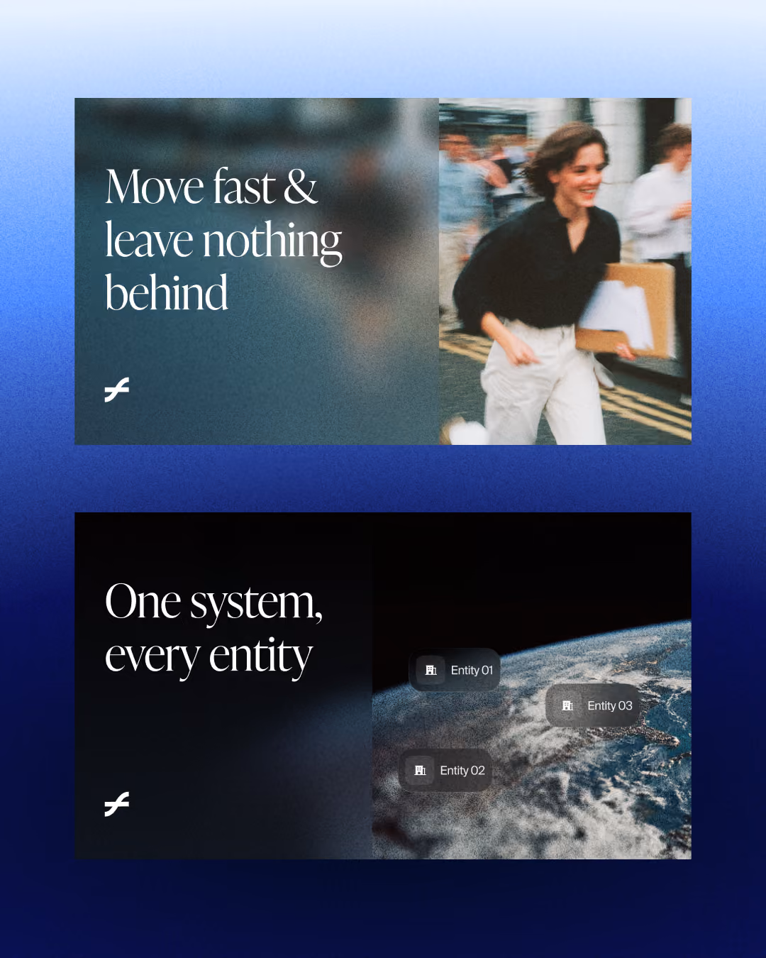 Two panels: top shows a smiling woman running holding folders; bottom shows Earth with labeled entities.