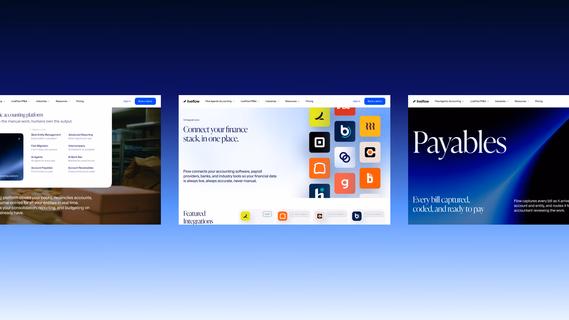 Three web screens showing financial software interfaces for accounting, integrations, and payables.