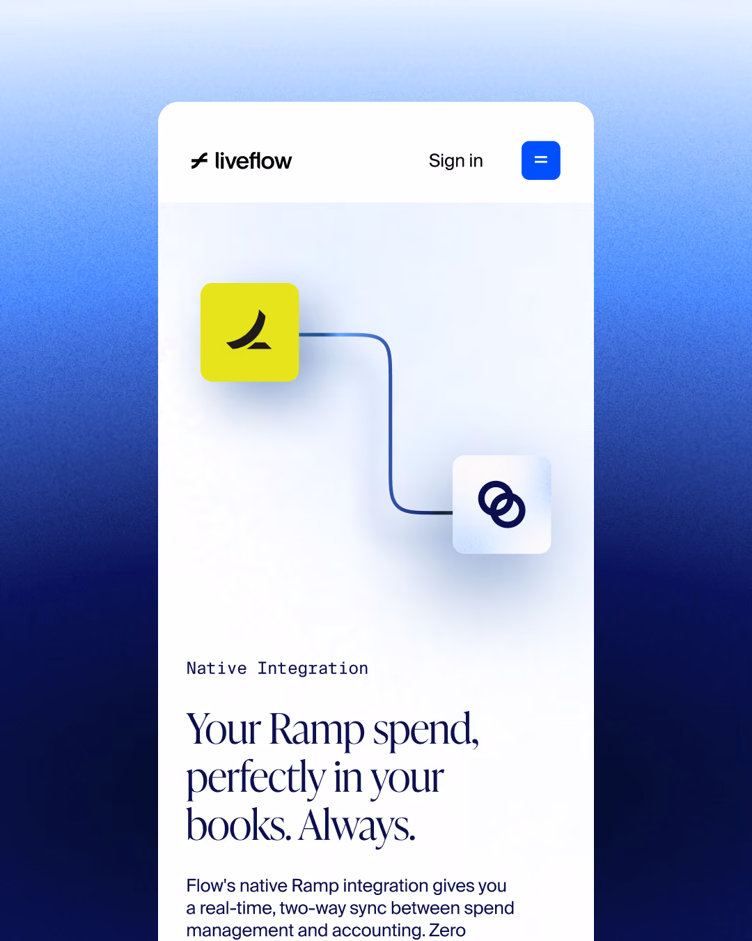 Mobile screen showing Liveflow app with Ramp integration connecting spend management and accounting.