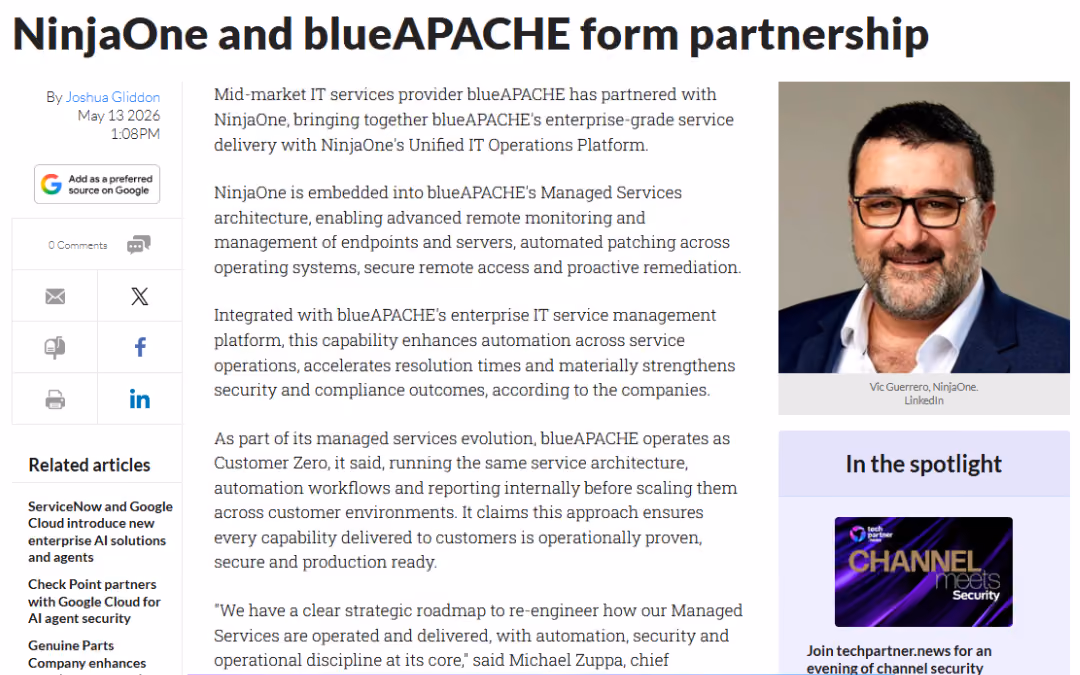 NinjaOne and blueAPACHE form partnership