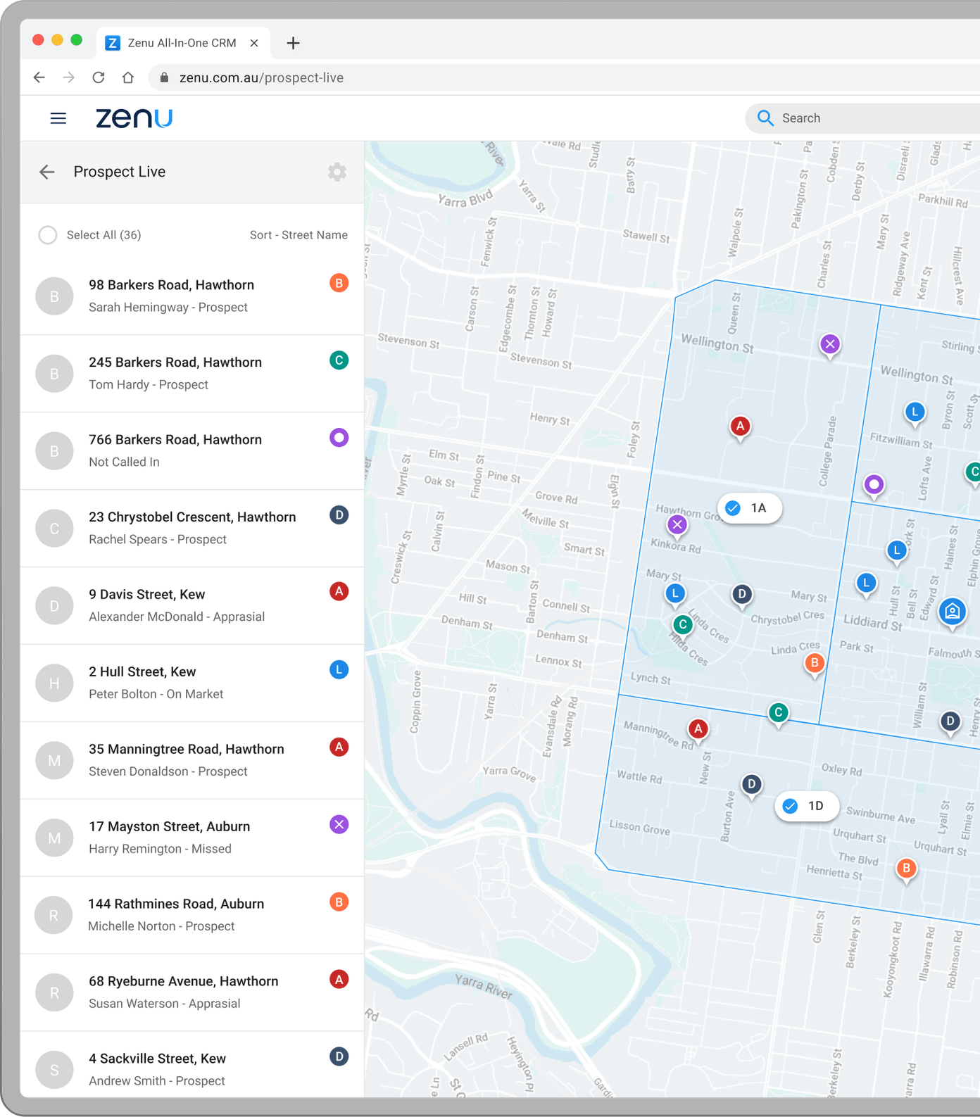 Zenu Prospect Live — CRM Map View