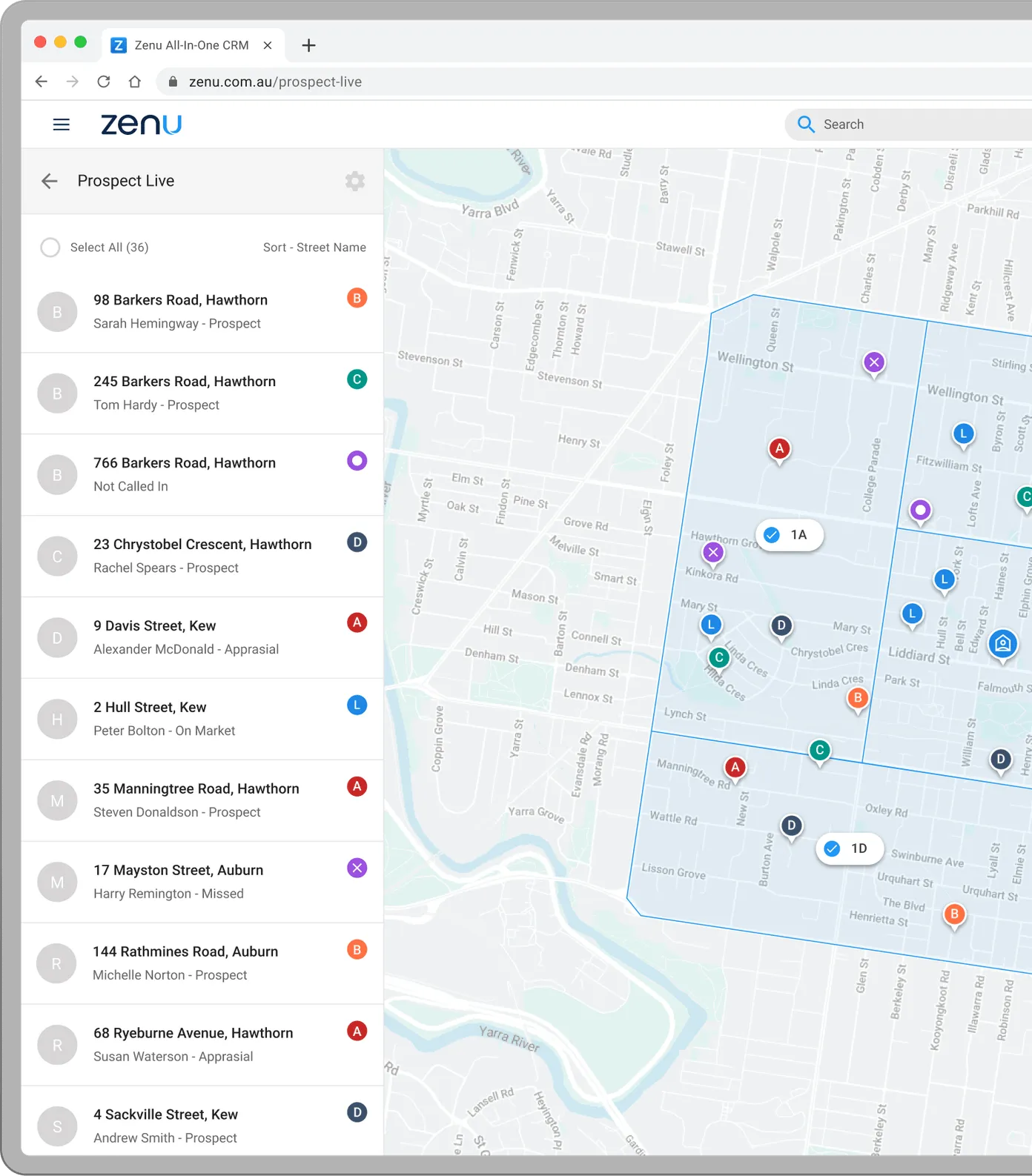 Zenu Prospect Live CRM map view