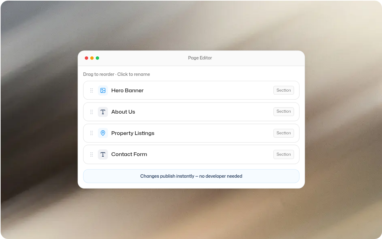 Drag-and-drop page editor with reorderable sections