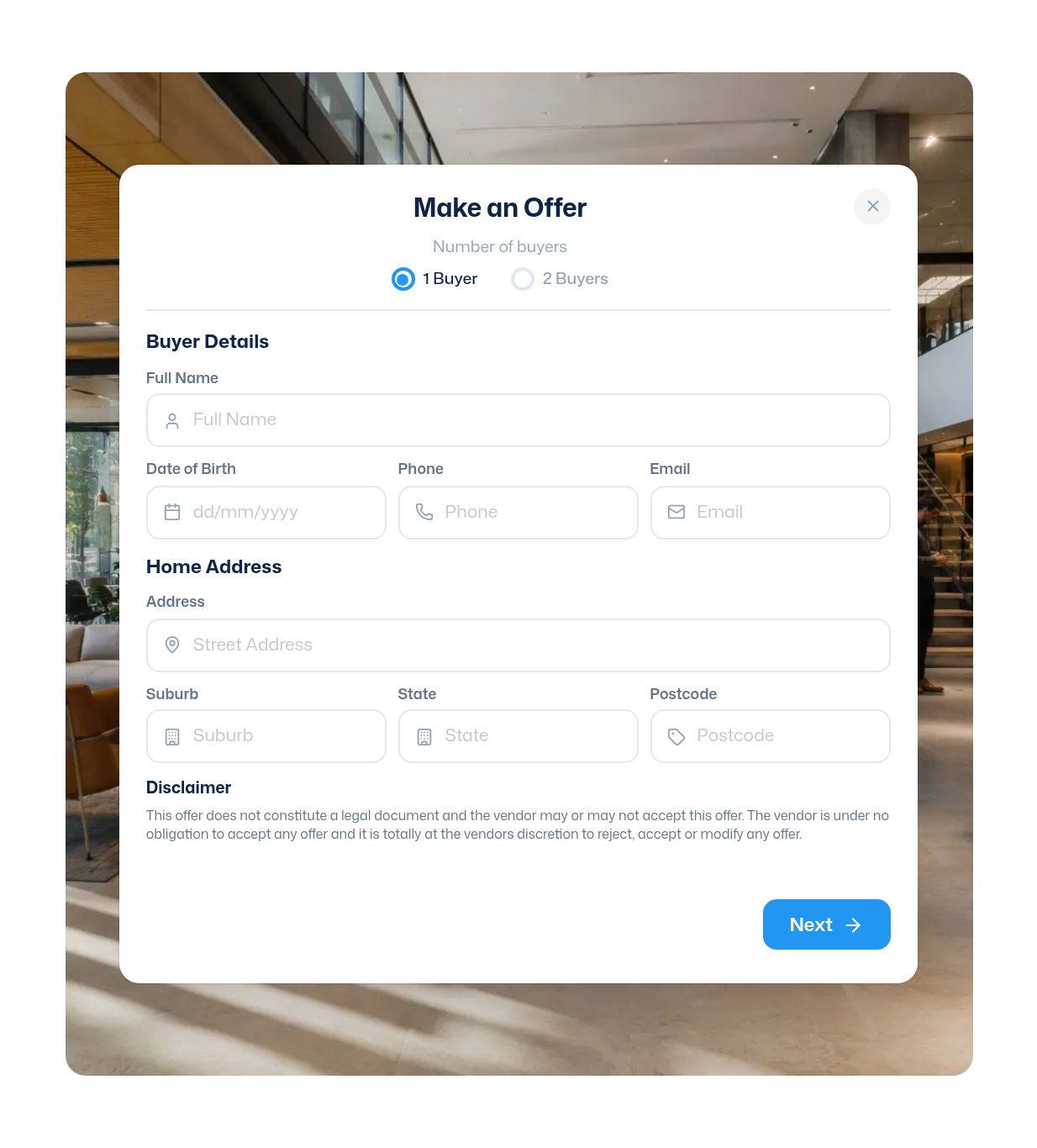 Online Make an Offer form on a Zenu website