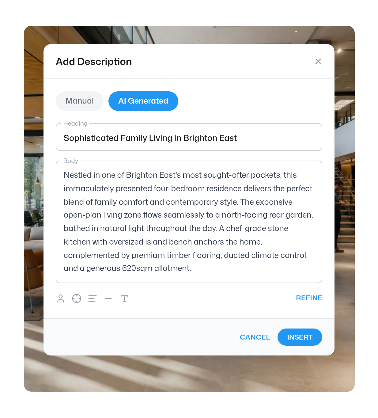 AI listing description generator inside the Zenu CRM
