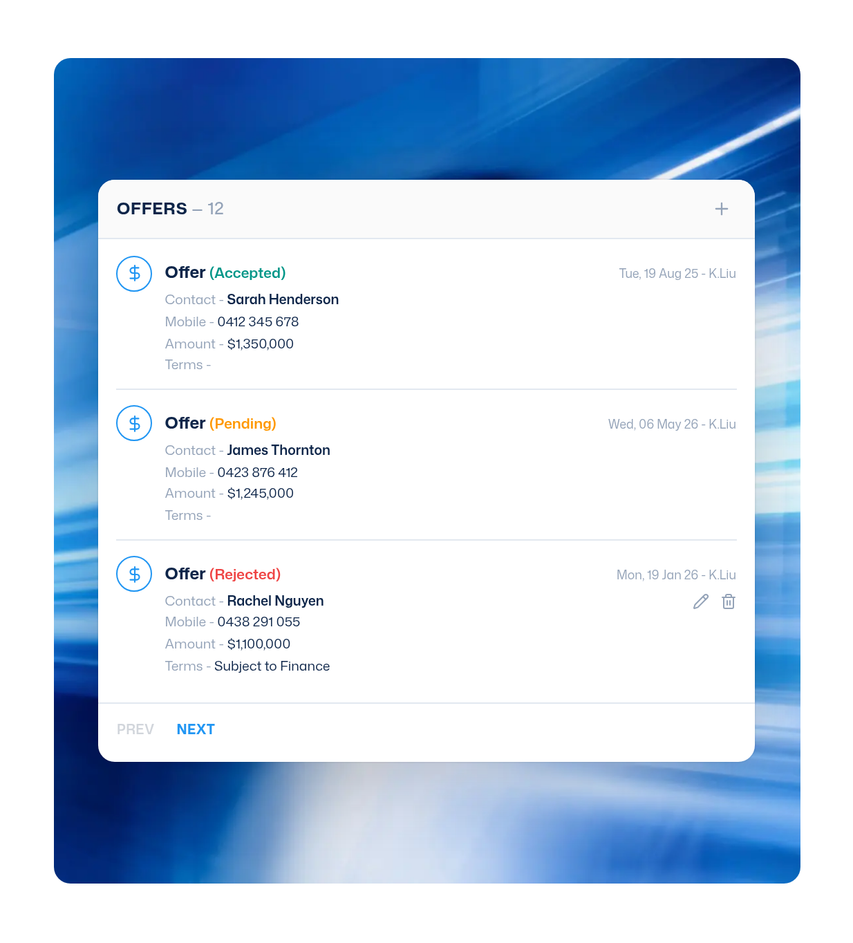 Offers dashboard tracking buyer offers in the Zenu CRM