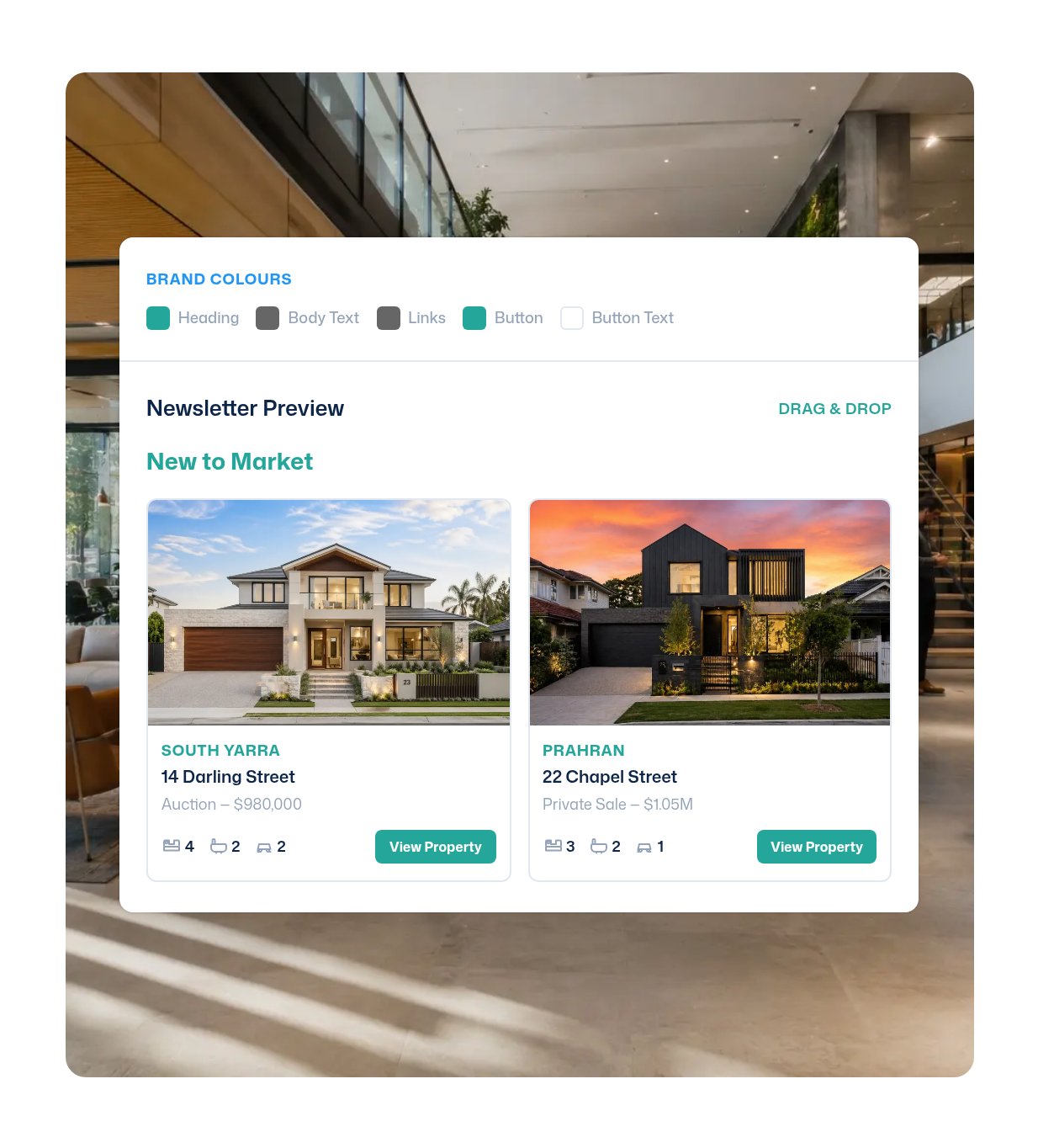Drag and drop newsletter builder with brand colours
