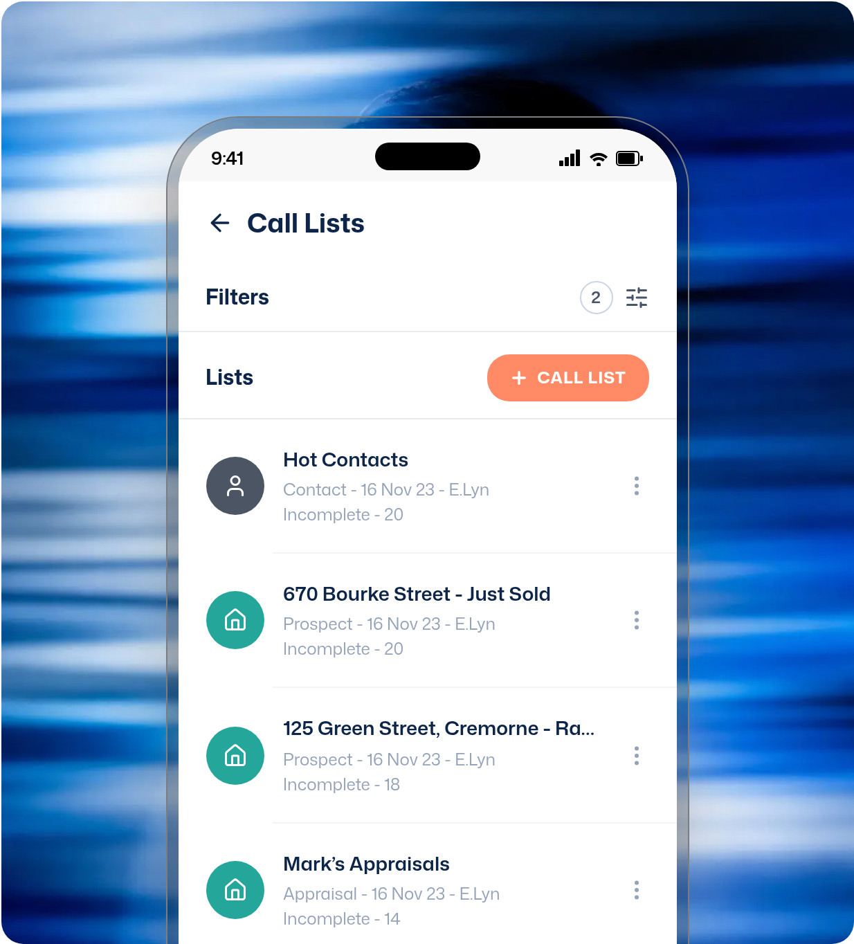 Call lists in the Zenu mobile app