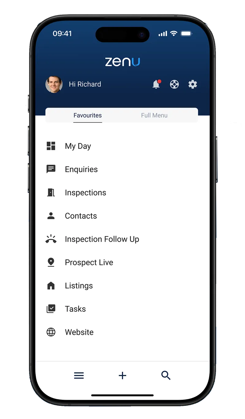 Zenu mobile app showing the Favourites menu with My Day, Enquiries, Inspections, Contacts, and more