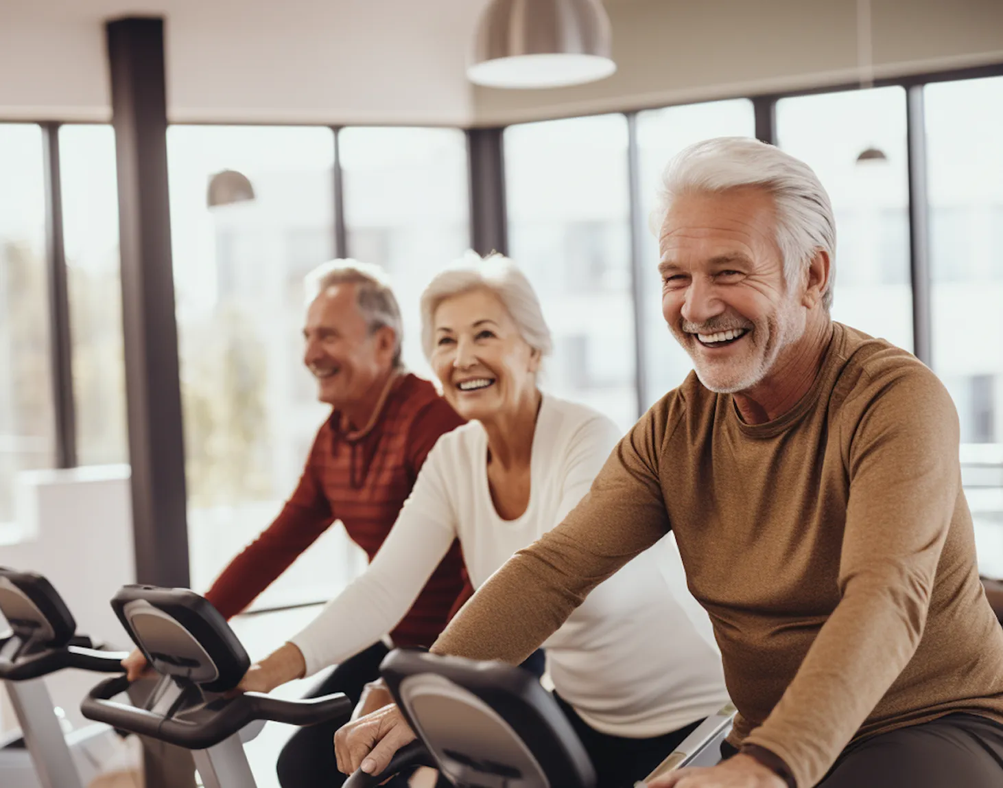Three seniors smiling and exercising on stationary bikes in a bright gym setting.